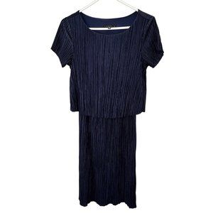 Vintage Tiana B Tiered Dress 4 Navy Blue Short Sleeve Crinkle Satin Knee Length